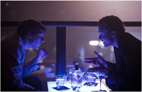 Mark Zuckerberg (Jesse Eisenberg) and Napster founder, Sean Parker (Justin Timberlake) are shown above in a rare moment: face-to-face interaction. Largely, back–stabbing, cold–shouldering and self–isolation take over the fast–paced film. Photo from imdb.com.