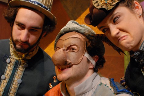 From left to right: Student actors Jamie Levinson as Florindo, Steve Reaugh as Truffaldino and Gwyn Agnew as Beatrice in “The Servant of Two Masters.”