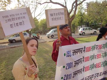 Koehler, left, joined other Indian protesters in a demonstration for International Women’s Day.  Courtesy of Jill Koehler.