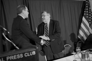 President James Mullen shakes the hand of award recipient Mark Shields at the National Press Club in Washington, D.C. Tuesday at the presentation for the Allegheny College Prize of Civility in Public Life. PHOTO COURTESY OF THE NEIMAN GROUP