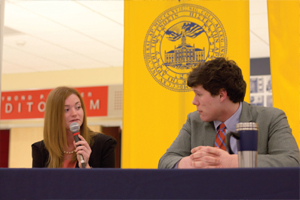 New ASG Vice President Sydney Cordell, 14, and President Tyler Gund, 13, participated in the presidential debate Tuesday night with former presidential and vice presidential candidates Charlie Watkins, 13, and Mike Waine, 14, respectively. CODY MILLER/THE CAMPUS