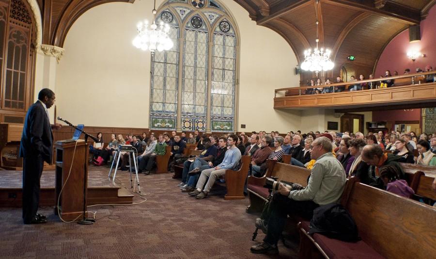Pittsburgh-based community leader and social architect Bill Strickland delivered a keynote speech at Ford Chapel Wednesday night for the Year of Transforming Education. ELLIOTT BARTELS/THE CAMPUS