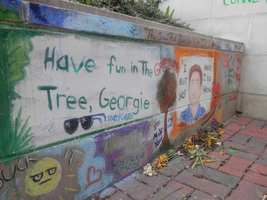 Students decorated Gregorys Corner with drawings and quotes to remember their beloved friend. Flower offerings were also left next to the mural