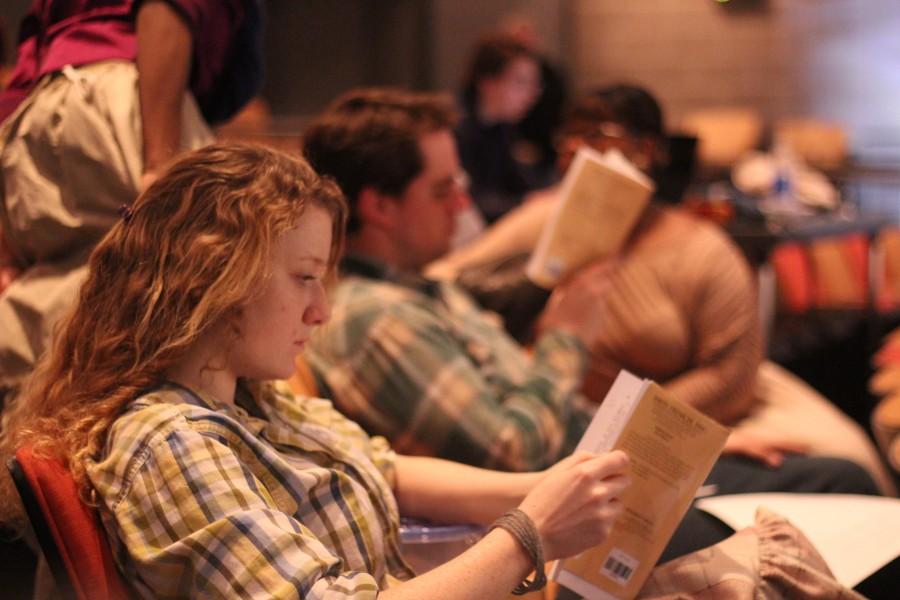 Mary Lyon, ‘15, reads through her script before a rehersal on Feb. 5, 2014. CAITIE McMEKIN/THE CAMPUS