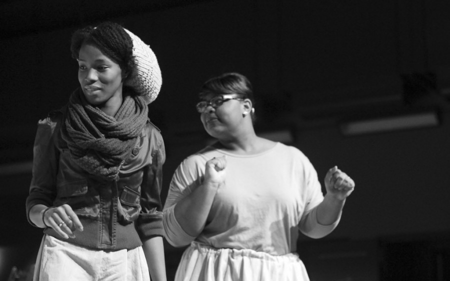 CAITIE McMEKIN/THE CAMPUS Maya Jones, ‘14, and Autumn Parker, ‘15, rehearse for Playshop’s Wedding Band, a performance contributing to Allegheny’s Year of Civil Rights.