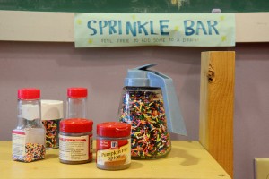 The sprinkle bar gives students the opportunity to add some spice and color to drinks and ice cream that GFC occasionally offers. 