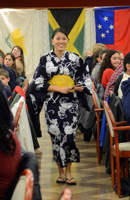 Risa Kondo, ‘18, wore a traditional Japanese yukata, representing one of five countries in the fashion show during the International Dinner on Nov. 23. 