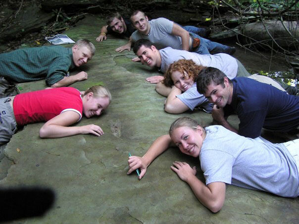 Katherine Heckman (front right) studies bedforms with other geology classmates during her junior year at Allegheny. 