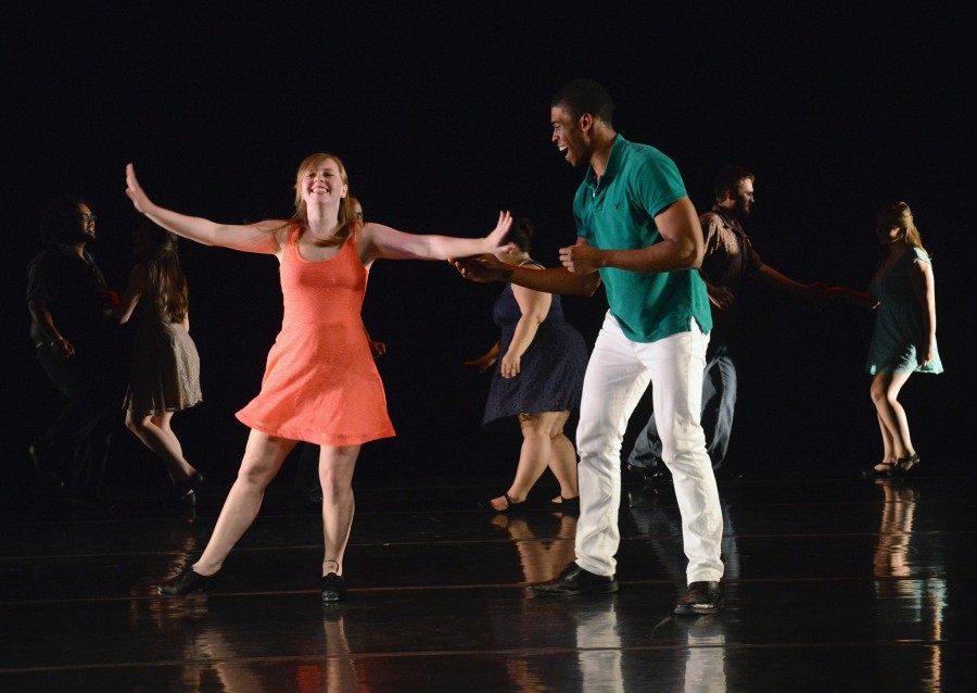 Autumn Recke, ‘17, and Akeem Bridgeman, ‘16, perform in “Speed Dating” on April 9 which is the first of a four-part series choreographed by Betsy Sumerfield. The dance was set to the song “Swing Set” by Jurassic 5. 
