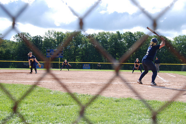 Allegheny pitcher Allison Cabo, ’17, faces a batter from Thiel College. The Gators softball team fell to the Tomcats in the first game of the fall tournament on Sunday, Sept. 20, 2015.