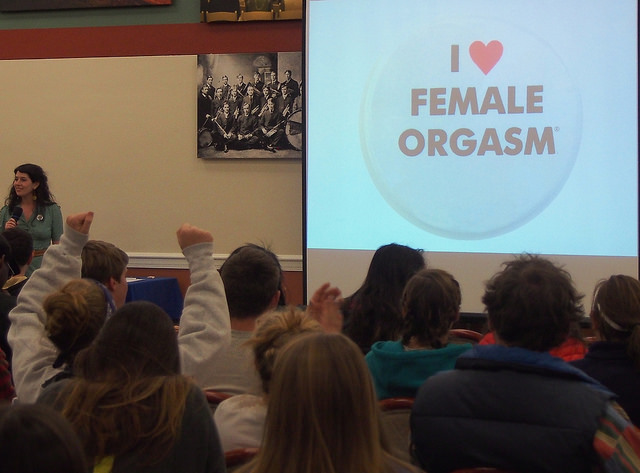 Students arrive for the I Love Female Orgasm event hosted by Allegheny’s Reproductive Health Coalition in Schultz Banquet Hall on Monday, Oct. 19, 2015. 
