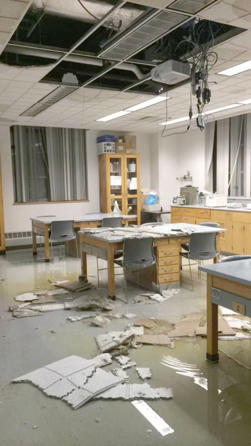 Steffee Hall of Life Sciences suffered severe water damage on Nov. 22, 2015 after a safety shower was pulled and left running. 
