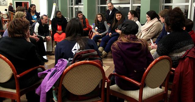 Attendees circled in groups in the Schultz Banquet Hall for discussions focused on topics such as inclusion, retention and the college’s statement of community as part of the Sustained Dialogues event on Thursday, Feb. 11, 2016. 