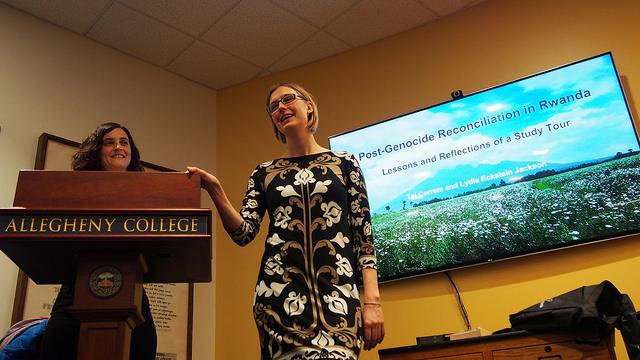 Lydia Eckstein Jackson speaks to a room full of students, faculty and staff on Gator Day, April 5, 2016, about her recent study tour—accompanied by Tal Correm—to Rwanda where the two witnessed firsthand the post-genocide reconciliation.
