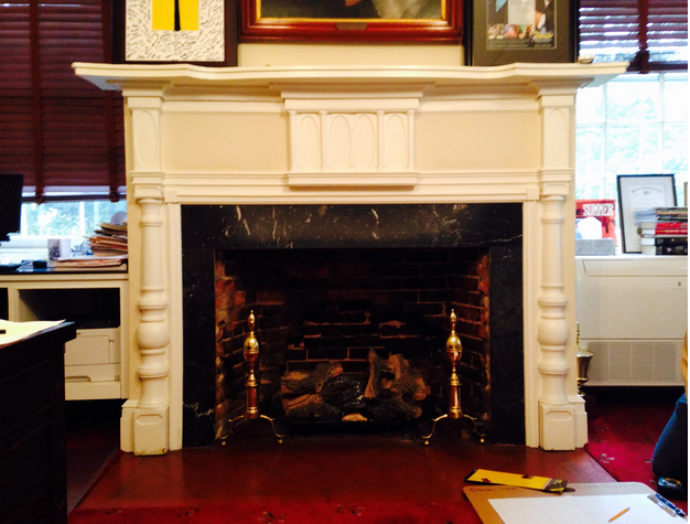 The+fireplace+in+President+Mullen%E2%80%99s+office+is+the+last+remaining+original+fireplace+in+Bentley+Hall.+Christopher+Brindle%2C+%E2%80%9918%2C+documented+this+fireplace+as+part+of+the+project.