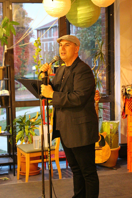 Peterson Toscano, performance artist, gay activist and Bible scholar, delivers his one-man presentation “There’s Something Gay About Climate Change” in Grounds for Change on Tuesday, Oct. 18, 2016. Toscano used comedic relief through monologues and character changes to look at queer responses to climate change. 