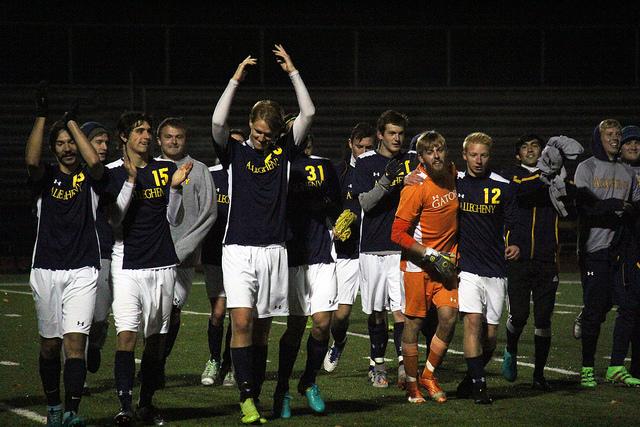 The men’s soccer team celebrates a win against the College of Wooster on Tuesday, Oct. 25, 2016. The Gators beat the Scots 4-0 in the last home match of the 2016 season. During pregame warm ups on Tuesday, the team recognized their departing 12 seniors. 
