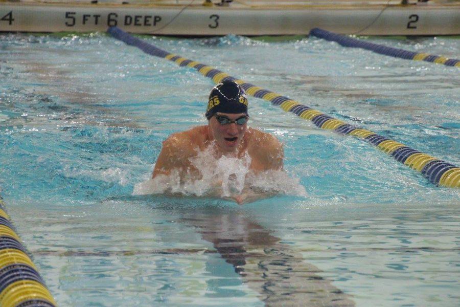 Danny Litwin, ’17, competed in the men’s 200 breaststroke at the meet against The College of Wooster on Saturday, Jan. 21, 2017. Litwin placed second with a time of 2:16.92.