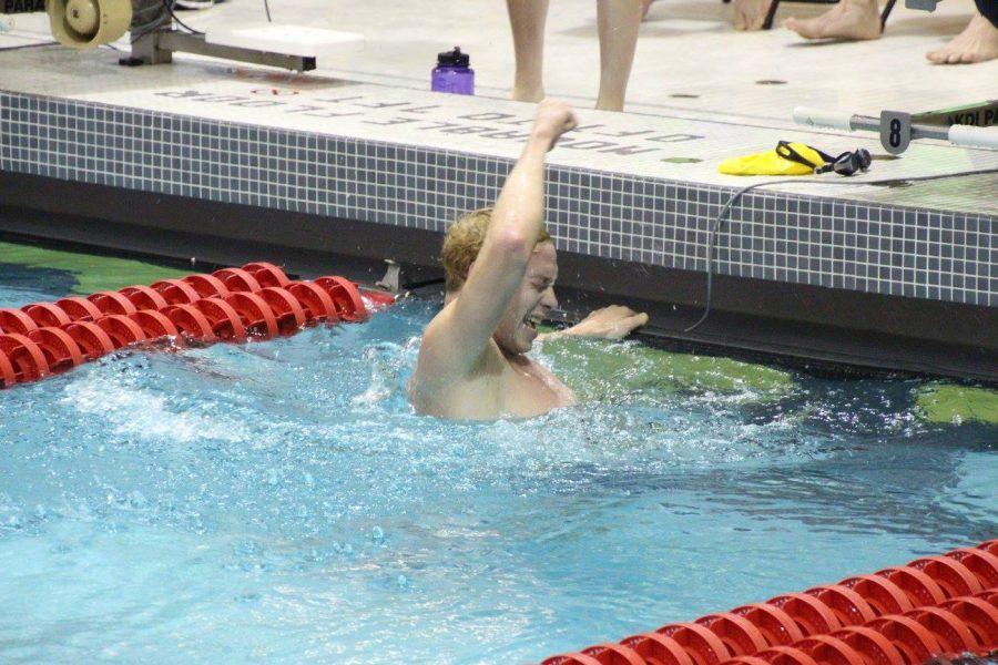 Matt Nardozzi, ’19, celebrates finishing the mile and breaking the Allegheny record with a time of 16:03.82. Nardozzi also broke records in the 400 IM and the 1,000 free. 