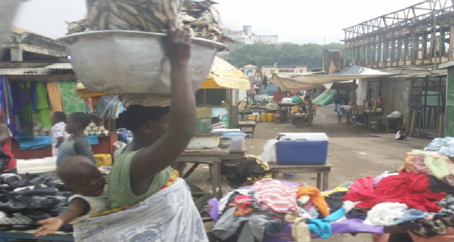 Professor of English and Black Studies Valerie Prince traveled to West Africa during the summer of 2016. This photograph is one that Prince shared during her lecture. It shows a marketplace, a space in which women called to one another and Oriki practice could be observed. 