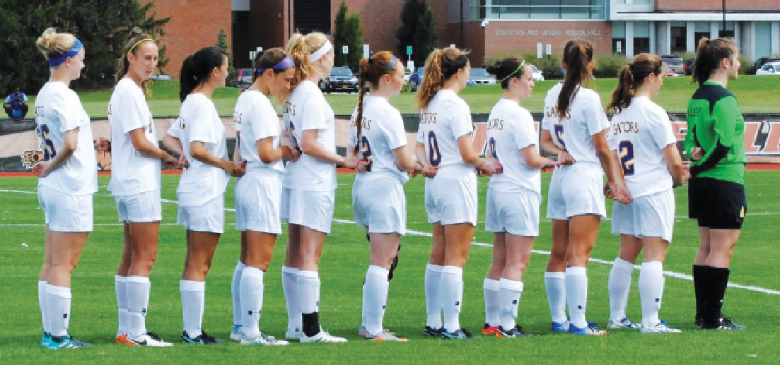 The Allegheny College Women’s Soccer Team lines up at the start of their winning 6-1 game against the Rochester Institute of Technology on Friday, Sept. 1, 2017.