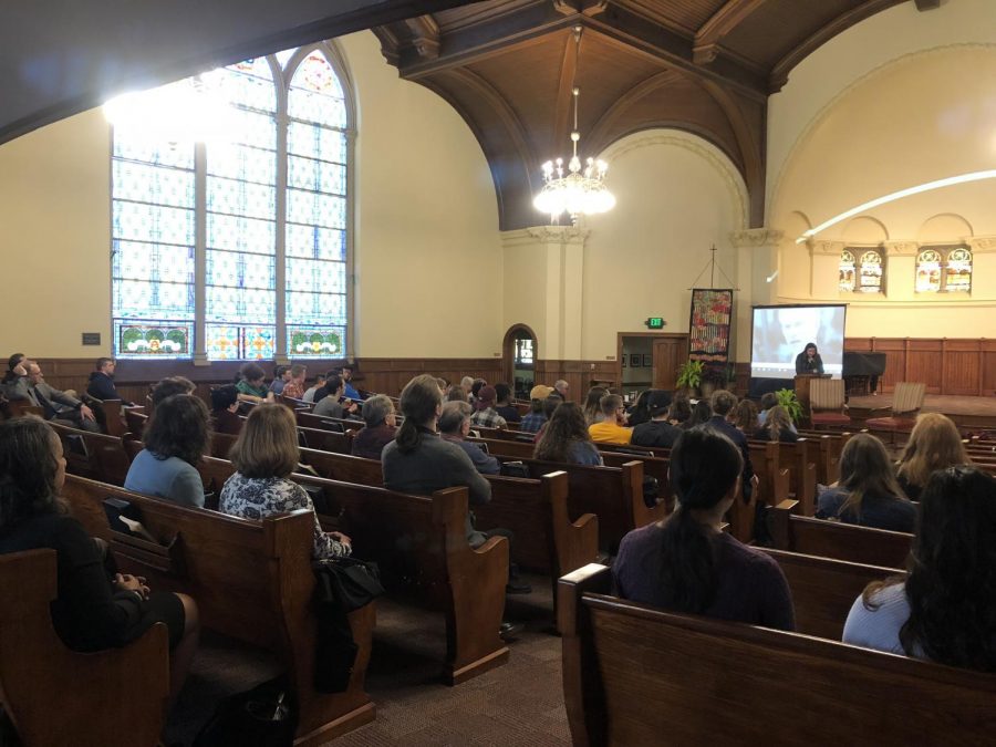 Students and community members gather to watch David Crane speak about his experience prosecuting Charles Taylor on Monday, April 2, 2018 at Ford Chapel.