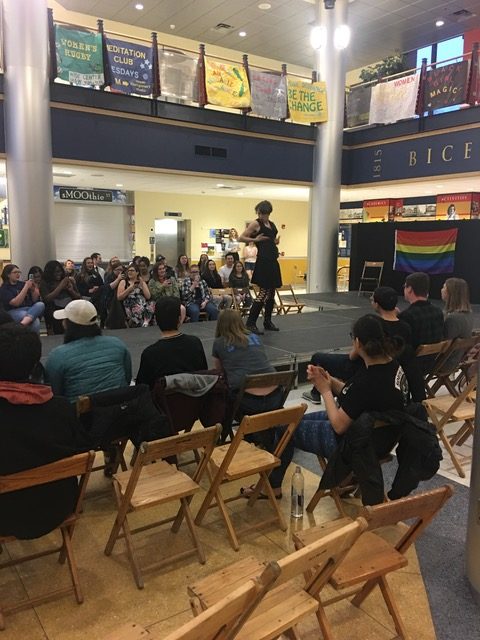 Malcolm Willig , ’21, performs at the Gender and Sexuality Alliance Drag Show on Saturday, April 14, 2018 in the Henderson Campus Center Lobby. 