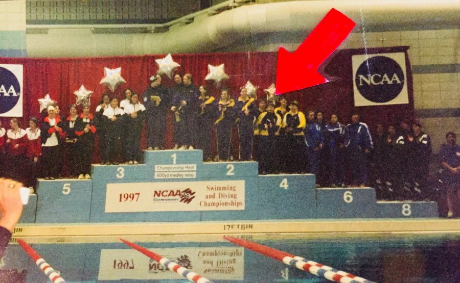 Rebecca Dawson, 00, stands at the podium with an Allegheny relay team that took 4th place nationally in 1997, defeating rival Dennison University.
