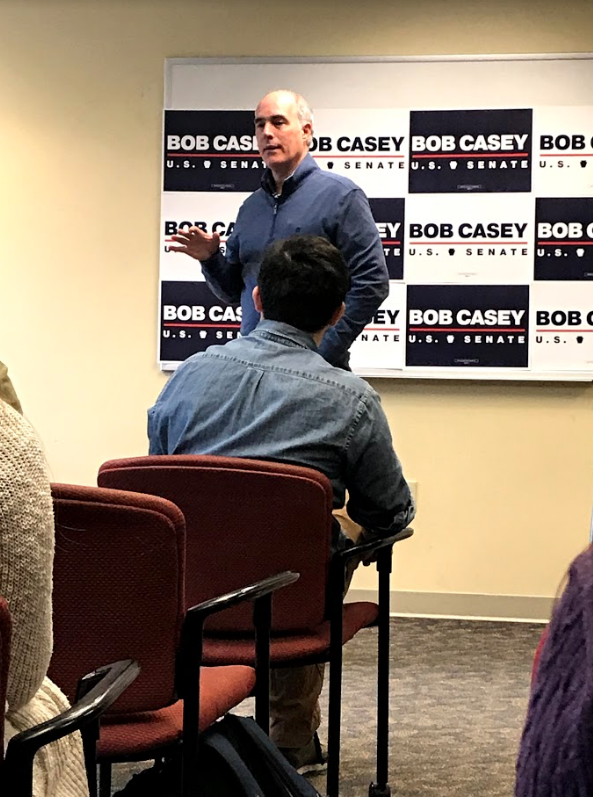 Pennsylvania Sen. Bob Casey speaks to Allegheny students Wednesday, Oct. 24, 2018, in the Henderson Campus Center. Casey encouraged students to vote this November.