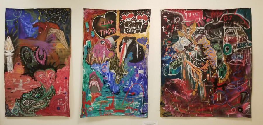 The unnamed triptych has since been removed from public view on Allegheny’s campus due to online complaints. This photo shows the full work. The original photo posted on Facebook was a cropped image.