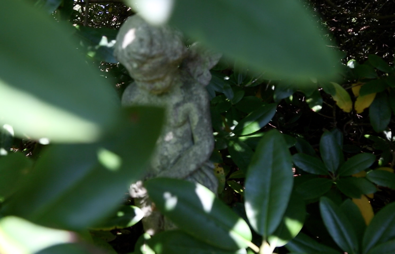 A small cherub statue is visible through rhododendron branches at Greendale Cemetery on Randolph Street, in Meadville, one of many “hidden treasures” described by Michael Keeley and Mary Vogan in ‘This is a Cemetery: Greendale.’ 