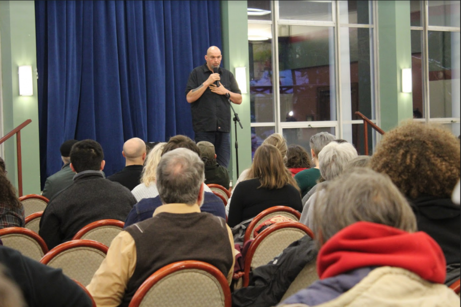 Lt. Gov. John Fetterman speaks to audience members about the legalization of marijuanna in Pennsylvania on a visit to campus. Fetterman spoke in Schultz Banquet Hall Wednesday, Feb. 27, 2019.