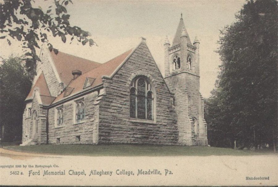 A 1905 handcolored postcard, produced by the New York City-based Rotograph Co., depicts the southwest corner of Ford Memorial Chapel.
