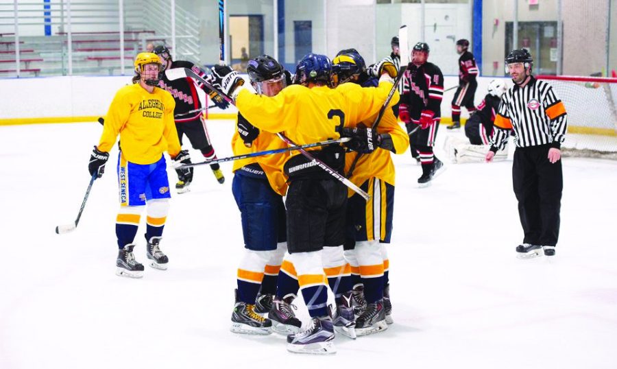 The Gators celebrate a goal in their 8-3 win over Edinboro University on March 9, 2019. The victory marked the team’s second consecutive CHE Division 5 title.