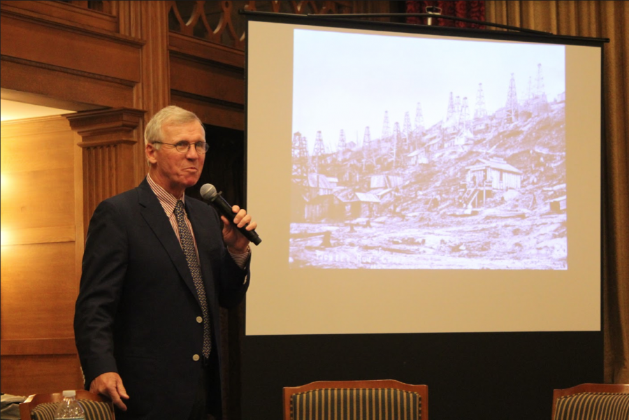 Charles Fountain, Professor of Journalism at Northeastern University, talks to students and community members about Allegheny alumnus and famous muckraker Ida Tarbell on Nov. 4 in the Tillotson Room at Tippie Alumni Center at Cochran Hall.