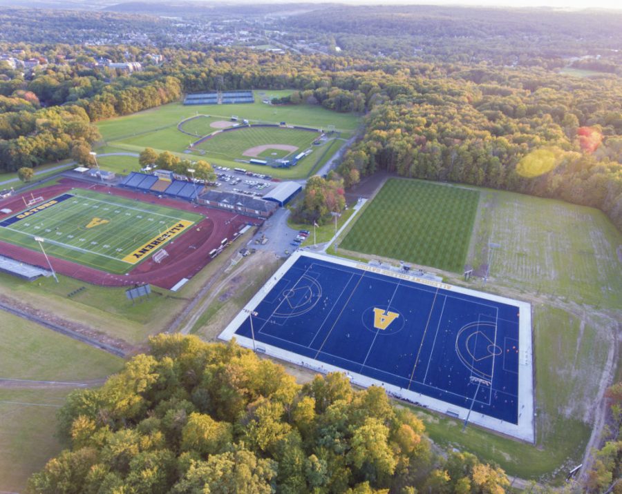 An aerial view of Robertson Field, where several spring sports teams will begin play after almost a year off due to COVID-19.