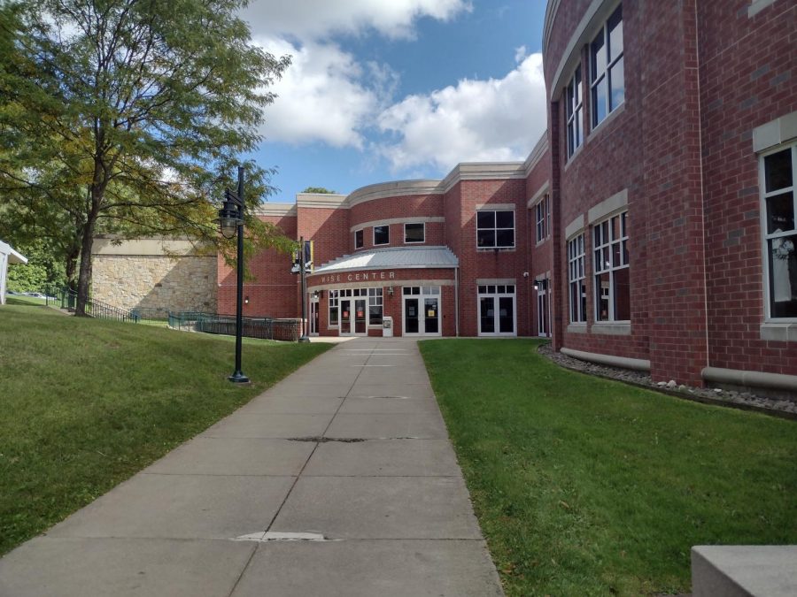 The student entrance of the Wise Athletic Center, where members of the Allegheny community go to access routine surveillance testing.