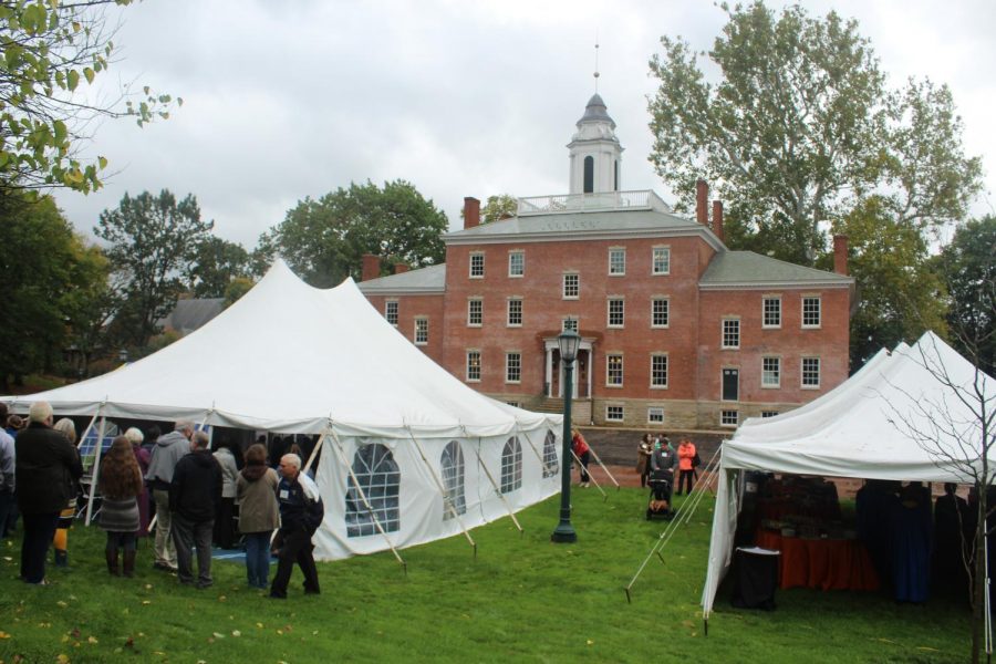 The catering tent (R) and main event tent erected on Brooks Lawn for the rededication. Not visible to the left was the check-in tent where attendees who RSVP’d received their nametags and tour group assignments.