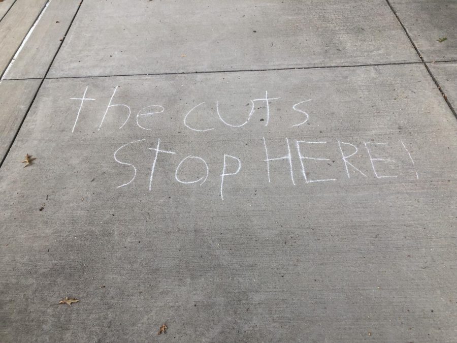 Mo Mansour/The Campus
This chalk message advocating against faculty layoffs sits outside Steffee Hall of Life Sciences.
