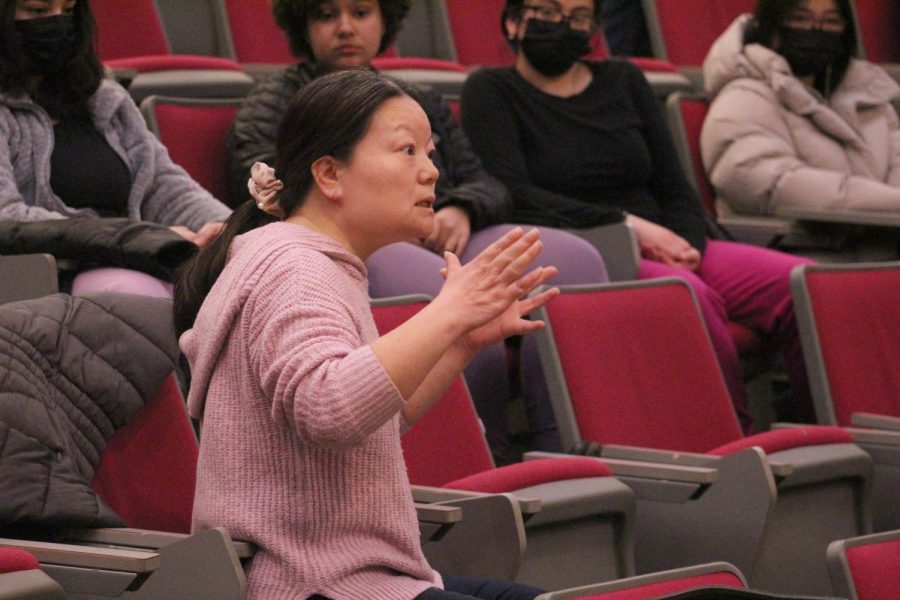 Associate professor of Chinese Xiaoling Shi addresses students during a discussion forum on Feb. 9 in Quigley Auditorium. The forum of 40 or so students was convened to support the Chinese minor, which is planned to be eliminated, and Shi, a tenured instructor  and head of the minor.