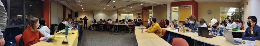 A panorama view of the Allegheny Student Governments Feb. 1 General Assembly, as Provost Ron Cole, 87, delivers his presentation on his new staffing plan.