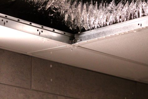 Water leaks through a large gap in the ceiling of the newly renovated room 184A in Walker Hall.