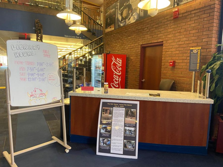 The “Wrecking Ball Cafe” sits empty as a kiosk at the Lawrence Lee Pelletier Library.