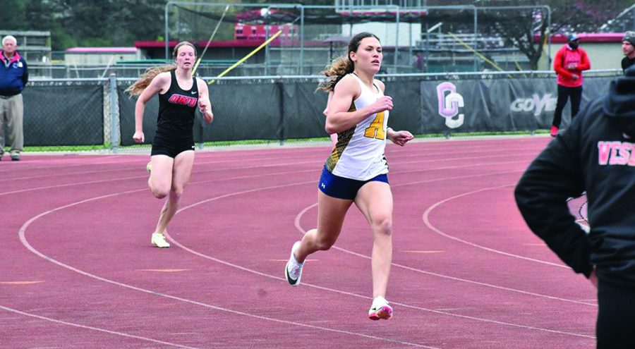 Mihaela Toader,’23, competing at the NCAC Outdoor Championship last year on May 6, where she was crowed leader of the conference for the 400-meter race. She outlegged her opponents and crossed the finish line at 58.32 seconds, the second fastest time in Gator history for that event.