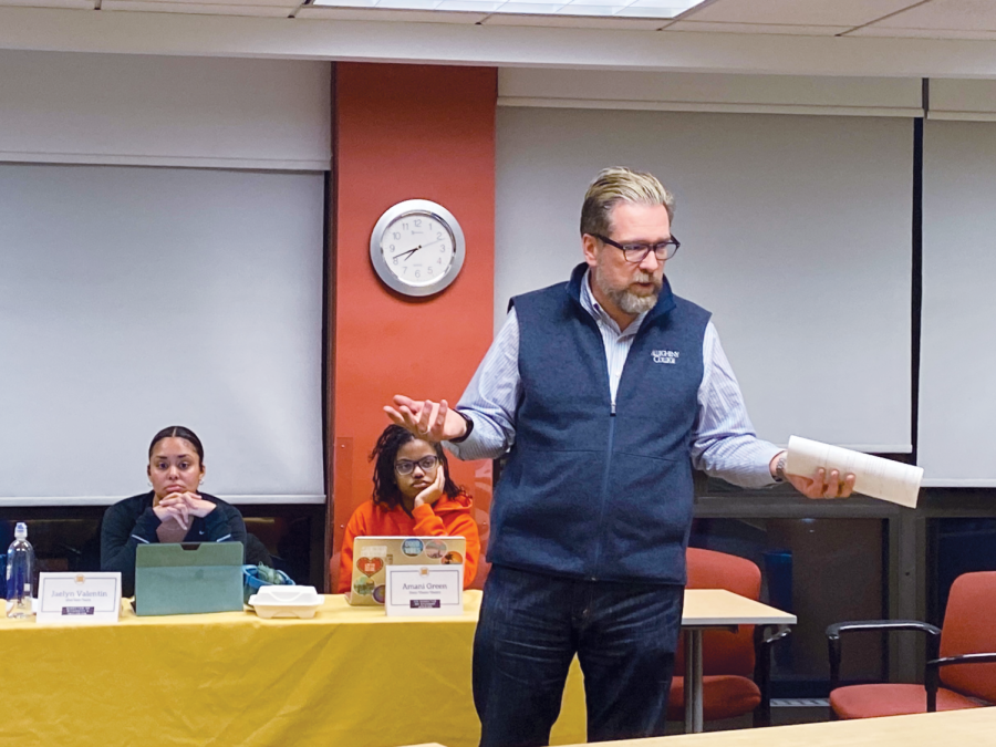 Dean for Student Experience Ian Binnington addresses the Allegheny Student Government General Assembly on Tuesday, Jan. 24.