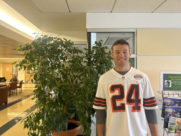 Jonathan Sharp, ’24, wearing a Nick Chubb jersey while representing the Cleveland Browns for game day.