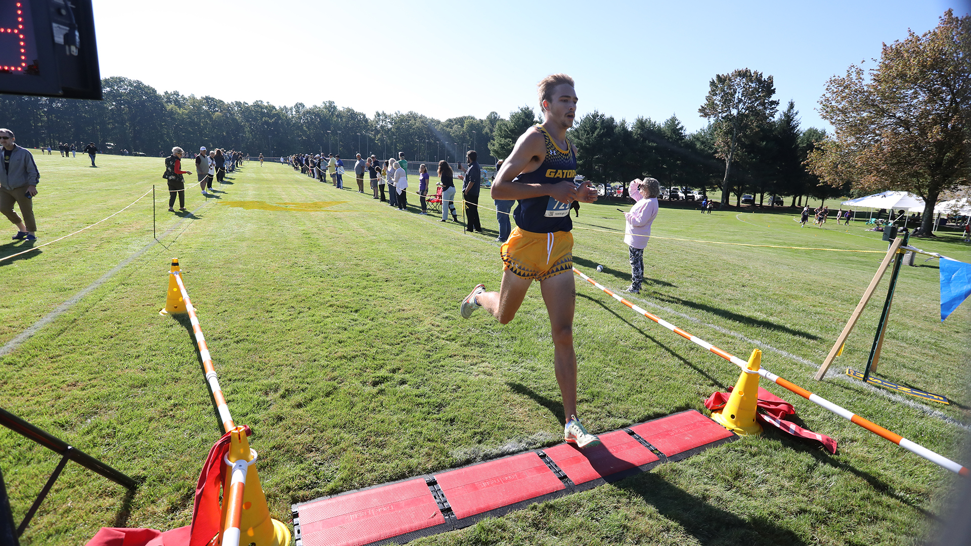 Peter Lantz, ’24, crosses the finish line during the Allegheny Classic on Sept. 16.