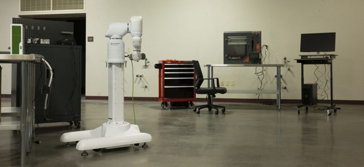 A Productive Robotics ‘Cobot’ stands in the ALIC@Bessemer facility. The machine can be used for manufacturing, research, and education, according to the Productive Robotics website.