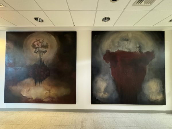 Two art pieces by Allison Crouch, ’23, hang on the second floor of the Steffee Hall of Life Sciences.
