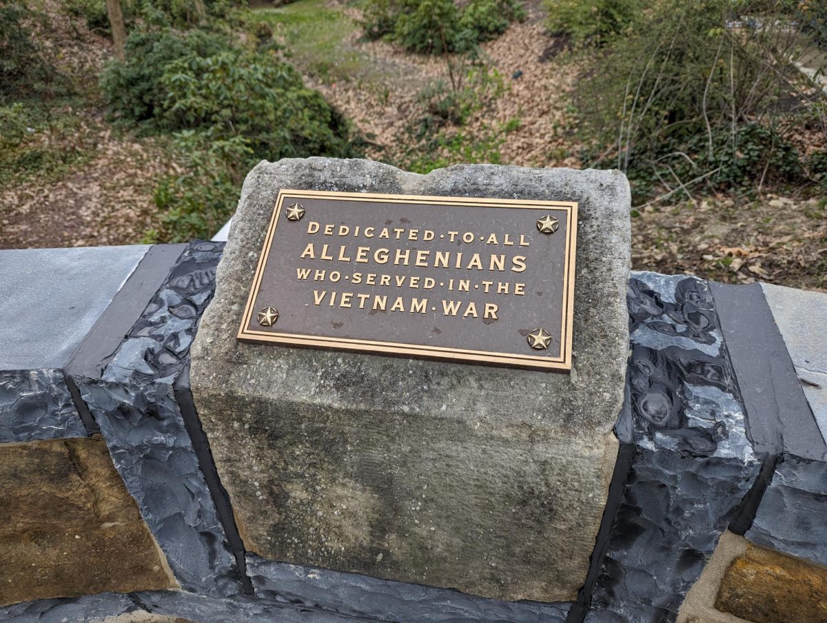 The+memorial+honoring+Alleghenians+who+served+in+the+Vietnam+War+was+originally+located+in+the+ravine+by+Bentley+Hall%2C+but+has+since+been+moved+to+the+sidewalk+above.